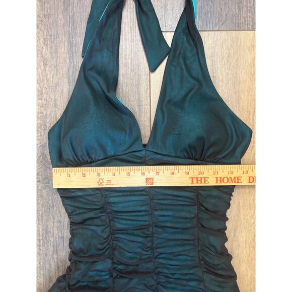 VTG 80s City Triangles Halter Dress Ruched Ruffled Hem Sm Black Teal Stretch Whi - Picture 6 of 8